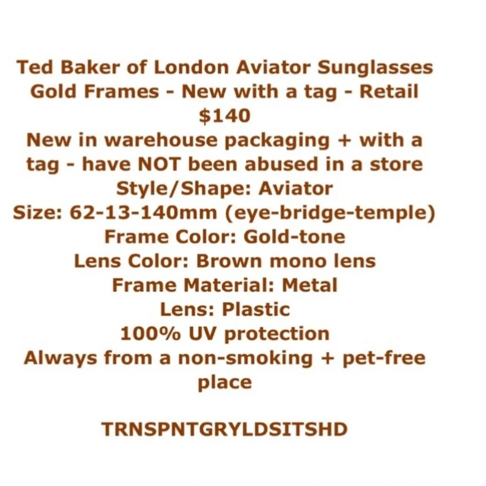 $140 Ted Baker Aviator Sunglasses Gold Frame Brown Lens w Case 62-13-140 mm